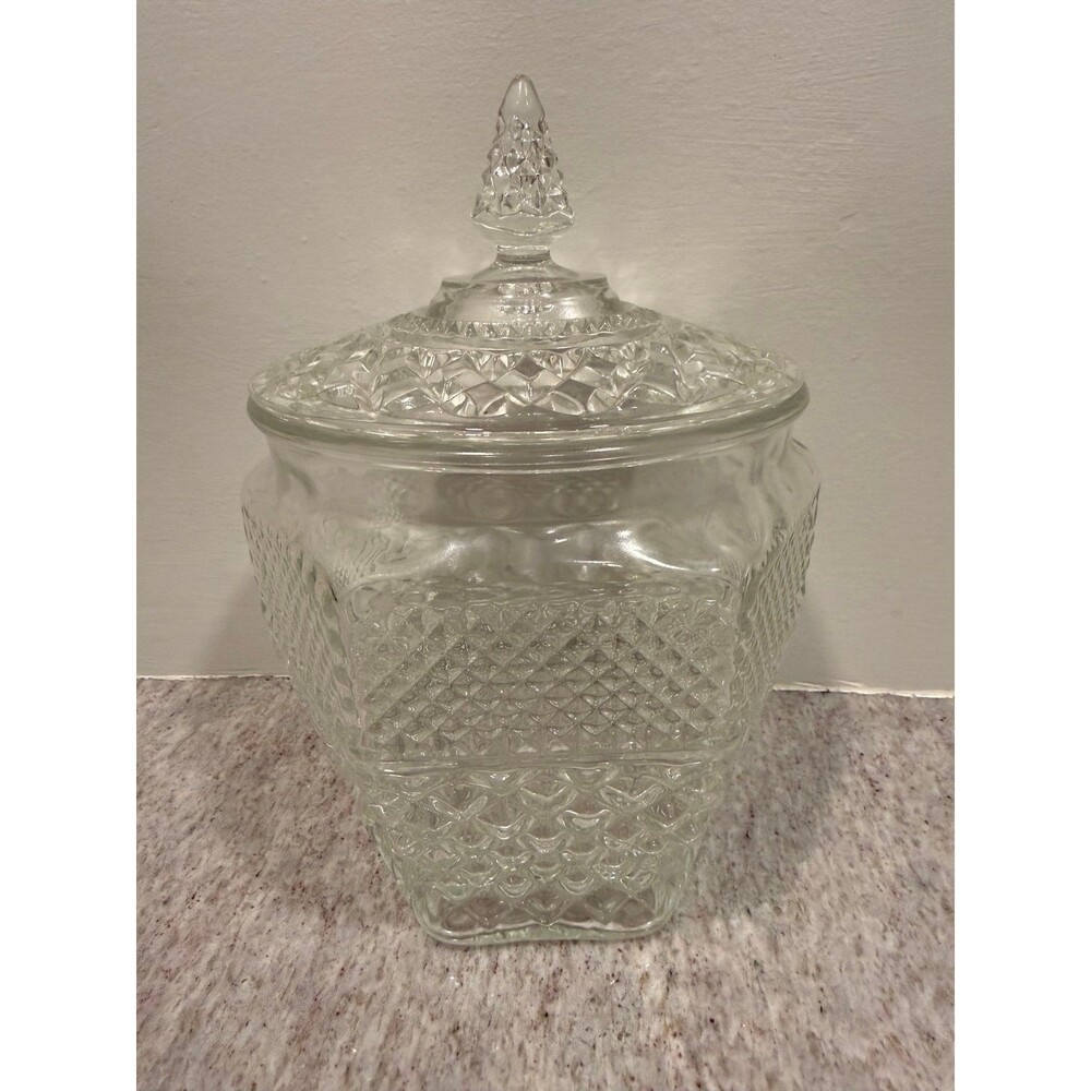 Vintage Glass Cookie Jar Canister with Pointed Lid - Diamond Pattern